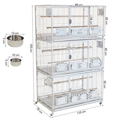Large 3 Tier Bird Breeding Cage with Wheels, Heavy Duty Metal Parrot Cage for Macaws, Cockatiels, Lovebirds, Finches and Small Birds, Stackable Aviary with Breeding Boxes, Lockable Doors, Indoor Outdoor Bird Habitat