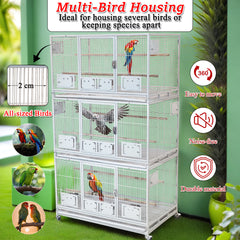 Large 3 Tier Bird Breeding Cage with Wheels, Heavy Duty Metal Parrot Cage for Macaws, Cockatiels, Lovebirds, Finches and Small Birds, Stackable Aviary with Breeding Boxes, Lockable Doors, Indoor Outdoor Bird Habitat