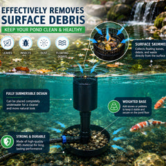 Pond Skimmer, Submersible Pond Surface Skimmer for Koi Ponds and Water Gardens, Adjustable Height, 360° Rotatable Design, Adjustable Hose Connector, Wide Stable Base for Removing Floating Debris