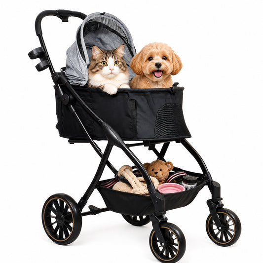 Pet Stroller for Cats, Small & Medium Dogs, Foldable 106 cm Travel Cart with Mesh Ventilation, Storage Basket, Cup Holder and 4 Wheels for Shopping & Outdoor Use, Dog stroller with Portable, (Grey)