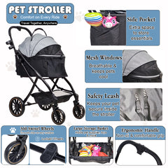 Pet Stroller for Cats, Small & Medium Dogs, Foldable 106 cm Travel Cart with Mesh Ventilation, Storage Basket, Cup Holder and 4 Wheels for Shopping & Outdoor Use, Dog stroller with Portable, (Grey)