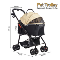 Pet Stroller for Cats, Small & Medium Dogs, Foldable 96 cm Travel Cart with Mesh Ventilation, Storage Basket, Cup Holder and 4 Wheels for Shopping & Outdoor Use, Dog stroller with Portable, (Beige)