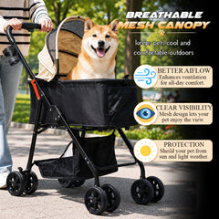Pet Stroller for Cats, Small & Medium Dogs, Foldable 96 cm Travel Cart with Mesh Ventilation, Storage Basket, Cup Holder and 4 Wheels for Shopping & Outdoor Use, Dog stroller with Portable, (Beige)