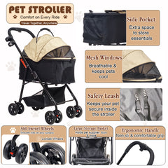 Pet Stroller for Cats, Small & Medium Dogs, Foldable 96 cm Travel Cart with Mesh Ventilation, Storage Basket, Cup Holder and 4 Wheels for Shopping & Outdoor Use, Dog stroller with Portable, (Beige)