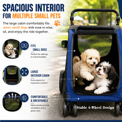 Large pet stroller with Mesh Windows, Stable 4 wheels, Lightweight and Travel Carrier for Cats & Dogs, 105 cm Pet Trolley with 360 Ventilation, Storage Basket, Adjustable Handle, Removable Pad (Blue)