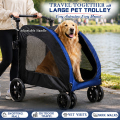Large pet stroller with Mesh Windows, Stable 4 wheels, Lightweight and Travel Carrier for Cats & Dogs, 105 cm Pet Trolley with 360 Ventilation, Storage Basket, Adjustable Handle, Removable Pad (Blue)