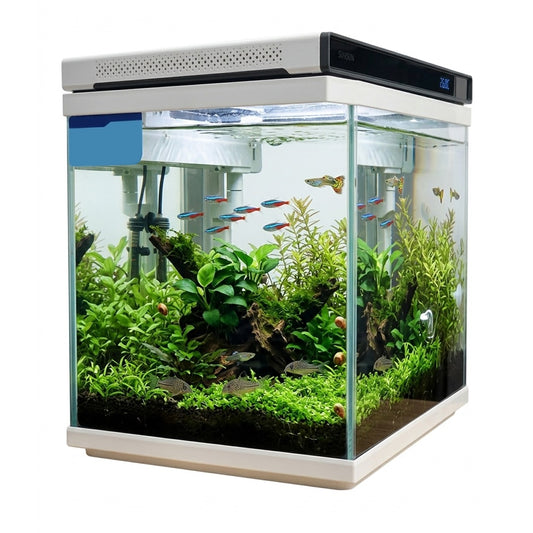 Glass Aquarium Starter Kit – Ultra-Clear Nano Fish Tank with Smart Digital Temperature Display, Built-In Top Filtration, Water Pump, and LED Light for Betta, Shrimps, and Small Fish (White)