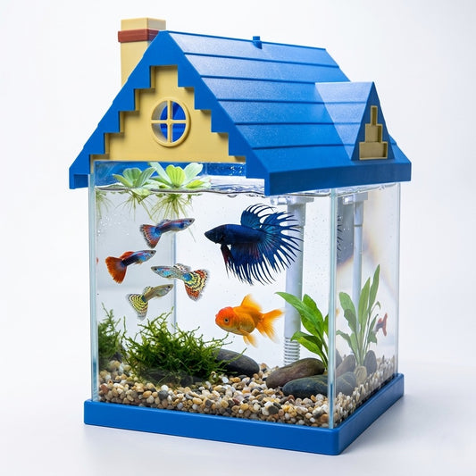 Blue House-Shaped Small Fish Tank Kit - 7.5L Mini Desktop Aquarium with Built-in Filter Pump and LED Light Roof, Clear Glass Nano Tank for Betta Fish, Guppies, and Office Desktops