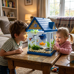 Blue House-Shaped Small Fish Tank Kit - 7.5L Mini Desktop Aquarium with Built-in Filter Pump and LED Light Roof, Clear Glass Nano Tank for Betta Fish, Guppies, and Office Desktops