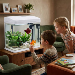 JEBO Desktop Glass Aquarium Starter Kit, 15L Small Fish Tank with Built-In Filtration System, Water Pump, and LED Light Hood for Betta, Goldfish, and Shrimp, White