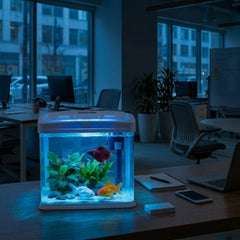 JEBO Desktop Glass Aquarium Starter Kit, 15L Small Fish Tank with Built-In Filtration System, Water Pump, and LED Light Hood for Betta, Goldfish, and Shrimp, White