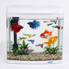 JEBO Curved Glass Aquarium Kit with Submersible Power Filter Pump and Integrated Hood Light, Desktop Fish Tank Starter Kit for Freshwater and Saltwater (White)