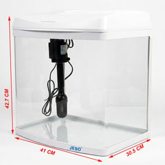 JEBO Curved Glass Aquarium Kit with Submersible Power Filter Pump and Integrated Hood Light, Desktop Fish Tank Starter Kit for Freshwater and Saltwater (White)