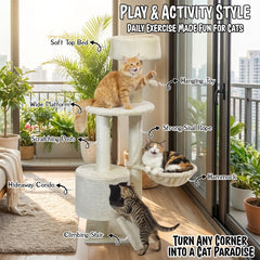 Cat Tree Tower with Condo and Hammock for Kittens & Adults Cats, 116 cm Multi-Level Cat Activity Center with Ladder, Sisal Scratching Posts, Plush Top Bed, large Platform and Hanging Ball, (Beige)