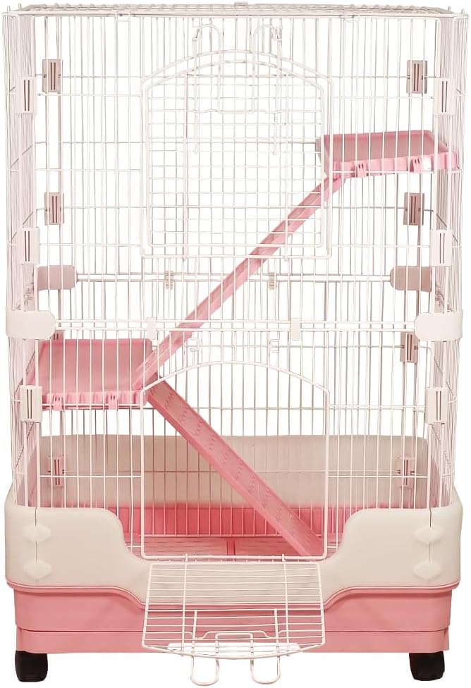 Indoor rabbit cage for Guinea pig, Ferret, and Chinchilla, 2-Tier Meta wire rabbit cage with 2-Lockable doors, Climbing ladders, Pull-out tray, and Universal wheels, Easy assembly 86 cm (Pink)