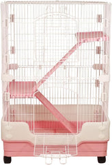 Indoor rabbit cage for Guinea pig, Ferret, and Chinchilla, 2-Tier Meta wire rabbit cage with 2-Lockable doors, Climbing ladders, Pull-out tray, and Universal wheels, Easy assembly 86 cm (Pink)