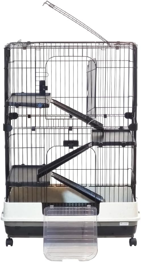Multi-layer Pet Cage with Universal wheels, Pull-out Tray, Open-Top & Transparent Access Door, 115 cm Indoor Outdoor Cage for Rabbits, Ferret, and Small pets, Rabbit Cage with Ladder (Black)