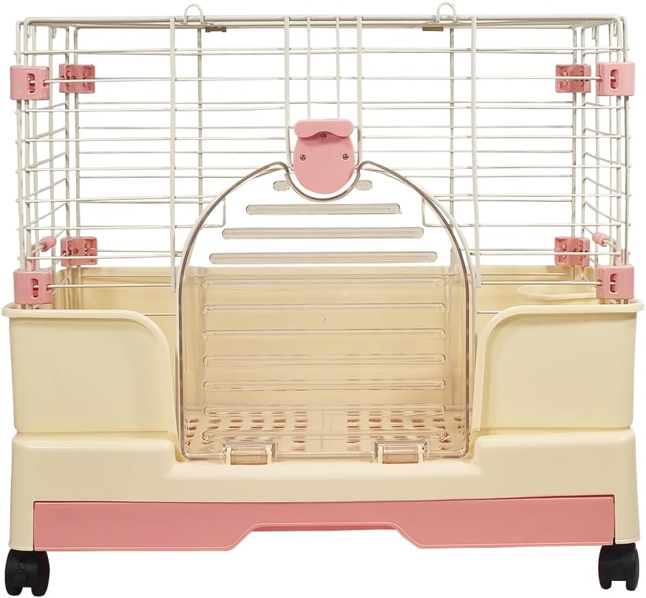 Rabbit cage for indoor/outdoor use, Durable metal wire rabbit cage with Transparent door, Food bowl, Removable tray, and Universal wheels, Ideal for small pet, Easy assembly 59 cm (Pink)