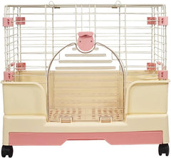 Rabbit cage for indoor/outdoor use, Durable metal wire rabbit cage with Transparent door, Food bowl, Removable tray, and Universal wheels, Ideal for small pet, Easy assembly 59 cm (Pink)