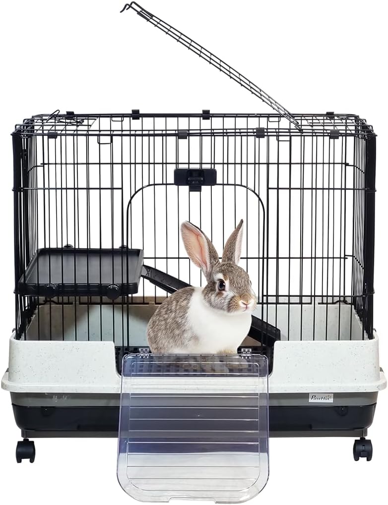 Portable Bunny Cage with Universal wheels, Pull-out Tray, Open-Top & Transparent Access Door, 70 cm Indoor Outdoor Cage for Rabbits, Ferret, and Small pets, Rabbit Cage with Ladder (Black)