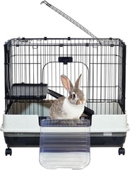 Portable Bunny Cage with Universal wheels, Pull-out Tray, Open-Top & Transparent Access Door, 70 cm Indoor Outdoor Cage for Rabbits, Ferret, and Small pets, Rabbit Cage with Ladder (Black)