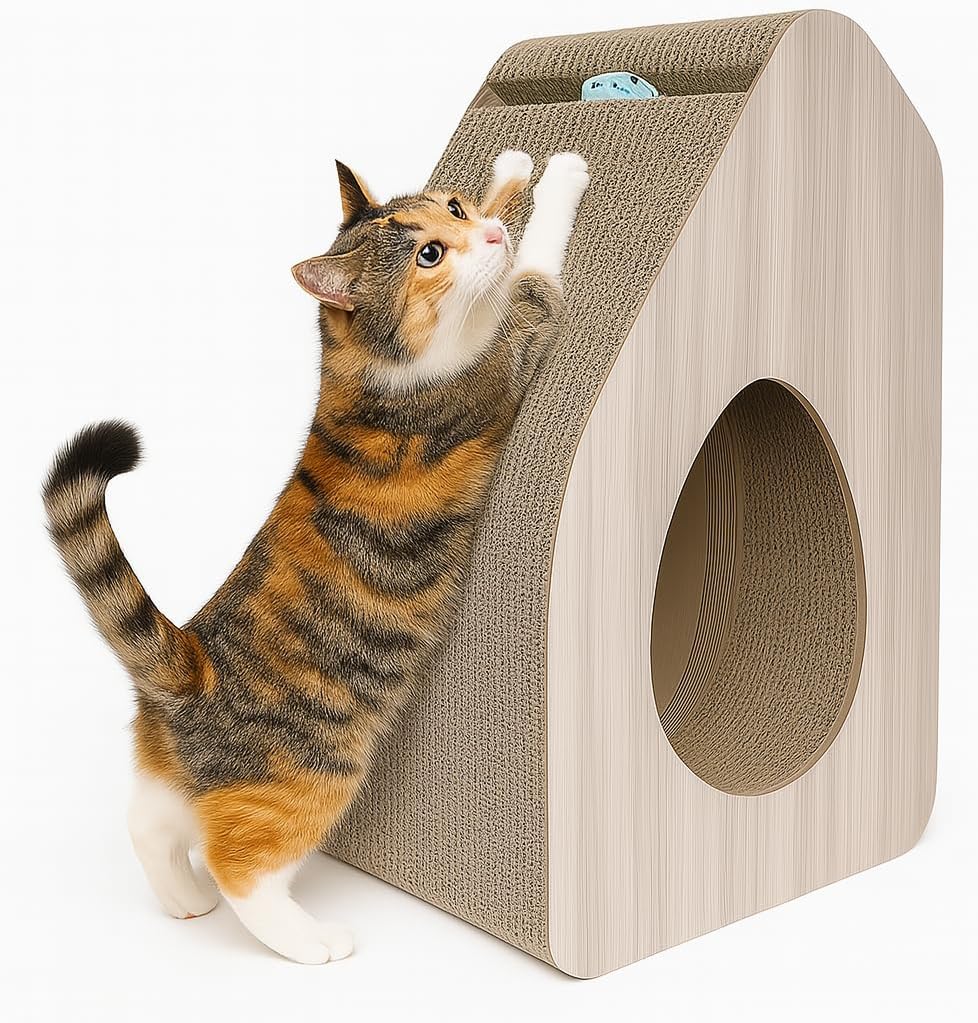 Cat Scratcher - Cat Scratching Post with Interactive Bell Ball Toy - Cat Tunnel, Catnip and Durable Corrugated Cardboard, Wear-Resistant - Cat Scratching Board for Indoor Cats & Kittens (Beige, 55 cm)