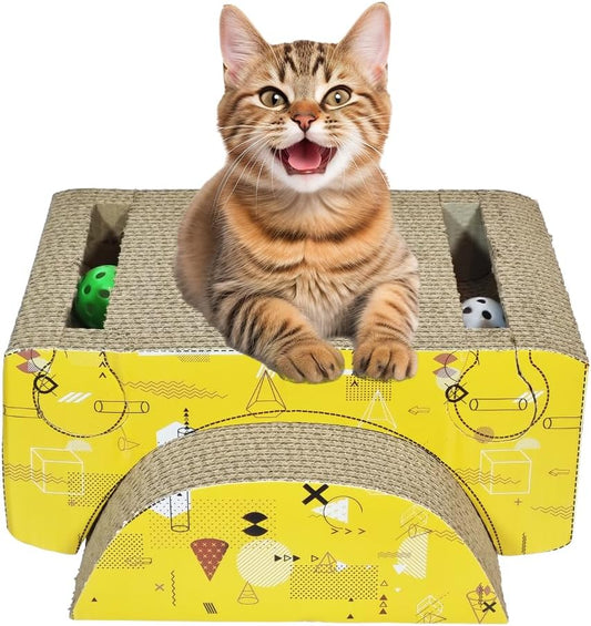 Cat scratcher with Toy balls, Corrugated cardboard scratching board for Indoor cats, Double-sided, Multi-function scratching pad with Cat nip, Recyclable, Sleep, Play & Grind Claw, 34 cm (Yellow-Pink)