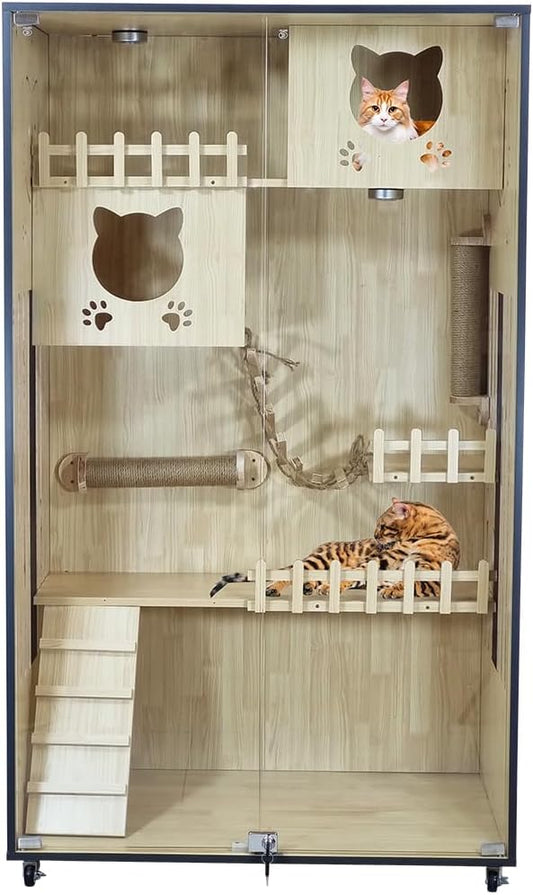 Wooden cat house for Indoor cats, Durable cat villa with Transparent glass door, LED light, Cat condos, Play area, Litter box area, Climbing ladders, and Universal wheels 155 cm (Beige)