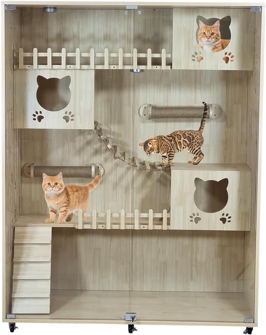Wooden Cat Villa with Grass Door - Cat House & Home - Pet Cat Scratching Posts - Cat Condos, LED Lights, Climbing Ladders, Toy, Side Door and Universal Wheels, Suitable for Indoor Cats 120 cm (Beige)