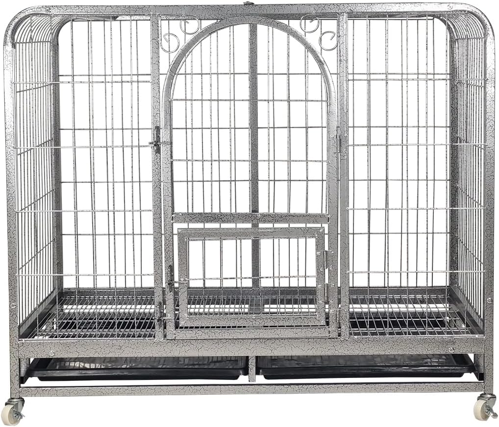 PETS Large Dog Cage - Heavy-Duty Metal Dog Crate for All Breeds - Open-Top Design with Lockable Door, Removable Tray & Universal Wheels - 110 cm Pet Cage for Indoor & Outdoor Use (Silver, Large)