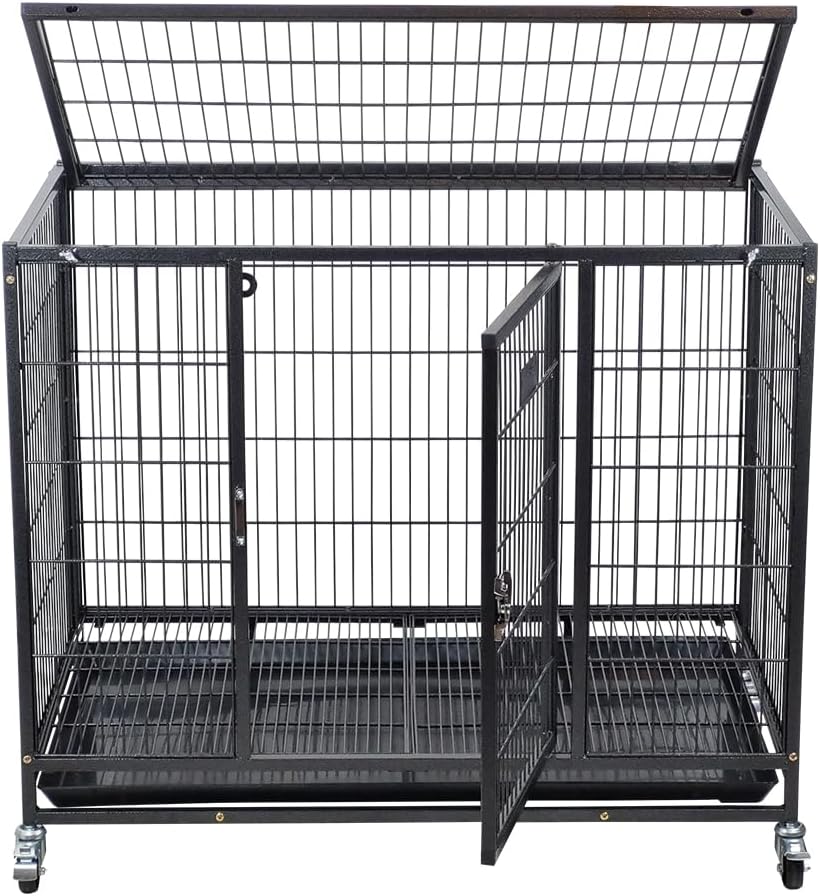 Dog Cage - Heavy-Duty Metal Dog Crate for Large, Medium & Small Dogs - Dog Kennel with Stackable Design with Open-Top Cover, Lockable Door, Tray & Universal Wheels, Indoor & Outdoor Use, 94cm (Black)