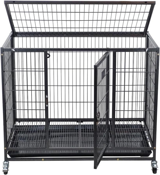 Dog Cage - Heavy-Duty Metal Dog Crate for Large, Medium & Small Dogs - Dog Kennel with Stackable Design with Open-Top Cover, Lockable Door, Tray & Universal Wheels, Indoor & Outdoor Use, 94cm (Black)
