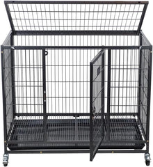 Dog Cage - Heavy-Duty Metal Dog Crate for Large, Medium & Small Dogs - Dog Kennel with Stackable Design with Open-Top Cover, Lockable Door, Tray & Universal Wheels, Indoor & Outdoor Use, 94cm (Black)