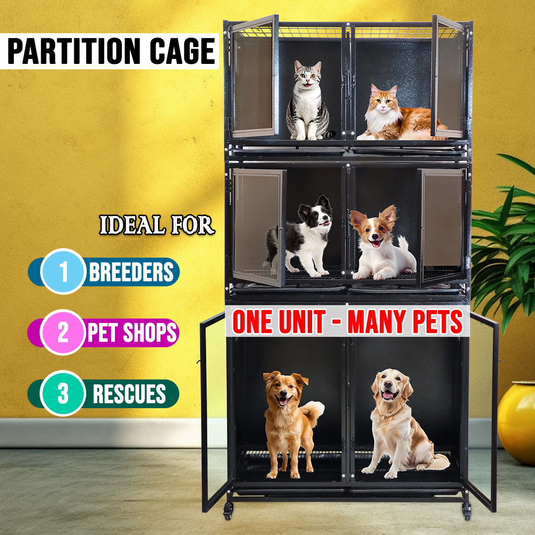 Multi-Level Partition Pet Cage with Wheels, Heavy Duty Modular Dog & Cat Kennel, Stackable Pet Enclosure for Breeders, Pet Shops & Rescue Centers, Lockable Doors, Indoor Boarding Cage System