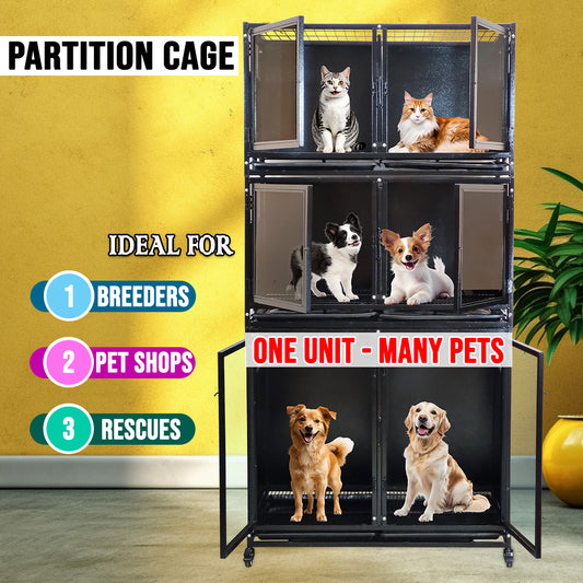 Multi-Level Partition Pet Cage with Wheels, Heavy Duty Modular Dog & Cat Kennel, Stackable Pet Enclosure for Breeders, Pet Shops & Rescue Centers, Lockable Doors, Indoor Boarding Cage System