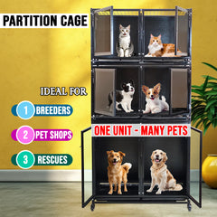 Multi-Level Partition Pet Cage with Wheels, Heavy Duty Modular Dog & Cat Kennel, Stackable Pet Enclosure for Breeders, Pet Shops & Rescue Centers, Lockable Doors, Indoor Boarding Cage System