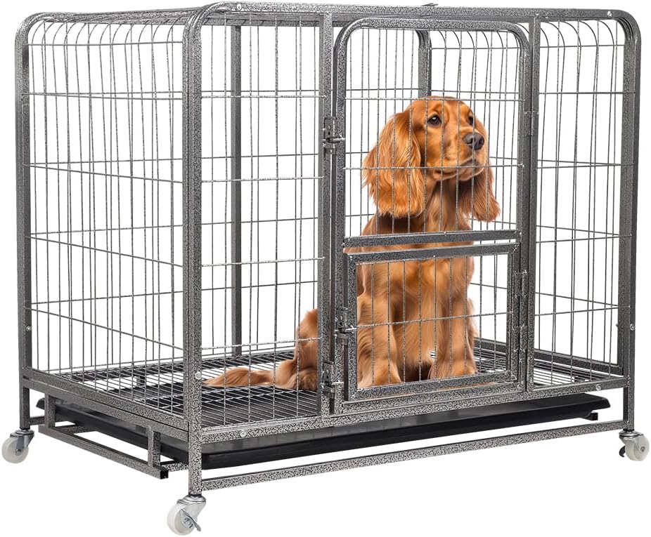 PETS Dog Cage - Heavy-Duty Metal Dog Crate for Small & Medium Dogs - Open-Top Design with Lockable Door, Removable Tray & Universal Wheels, Dog Kennel for Indoor & Outdoor Use (Silver, Medium)