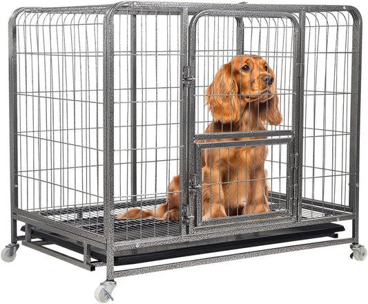 PETS Dog Cage - Heavy-Duty Metal Dog Crate for Small & Medium Dogs - Open-Top Design with Lockable Door, Removable Tray & Universal Wheels, Dog Kennel for Indoor & Outdoor Use (Silver, Medium)