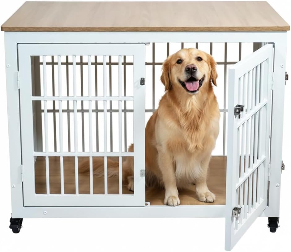 Dog cage with Metal frame, Table Top, Lockable Doors and Wheels, 98 cm Pet Kennel for Medium to Large Dogs, Air Ventilation, and Indoor-Outdoor use, Dog Crate Furniture for Multiple puppies (White)