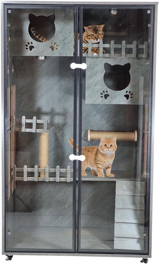 Wooden cat villa with Cat condos, LED light, Scratching post, Stairs, Lock, Side door, Ventilation holes, and Universal wheels, Luxury cat house for indoor cats and kittens 155 cm (Grey)