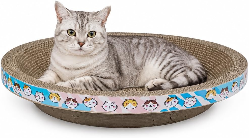 Large Cat Scratcher Bed, 46 cm Round Corrugated Cardboard with Cat Scratching Bowl, Protect Furniture, and Lounger for Cats of Different Sizes, Indoor Play and Rest, (Blue)