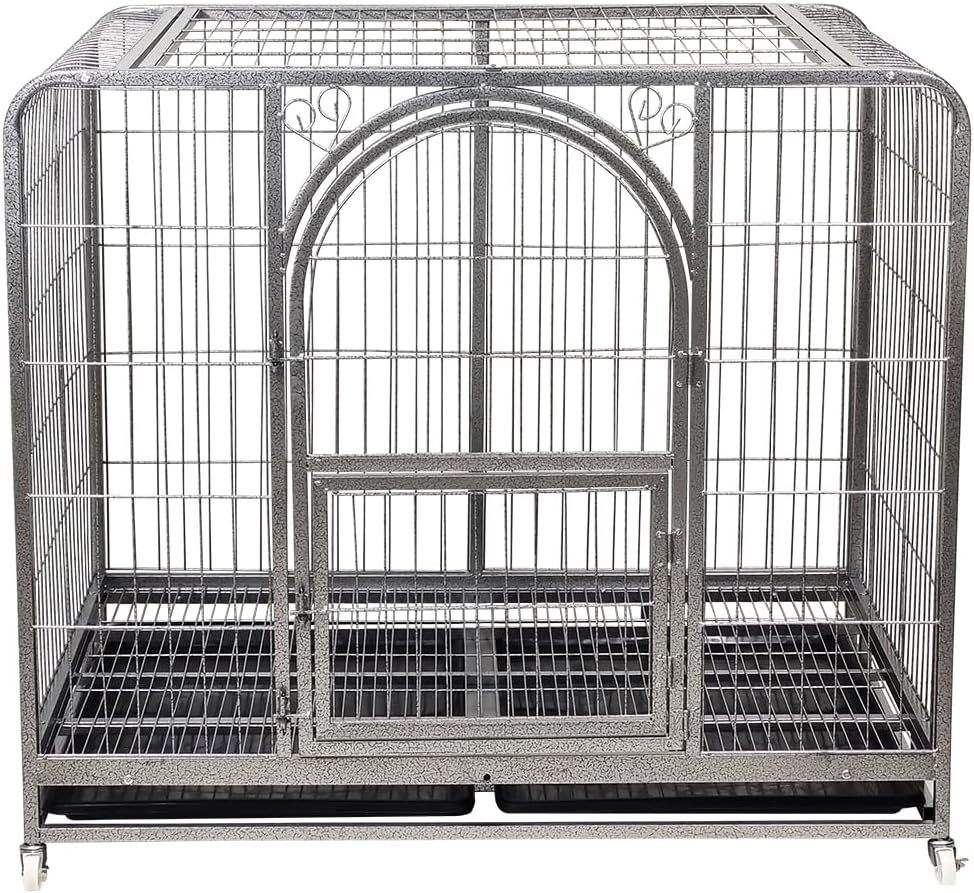 Large dog cage with Open-top design, Lockable door, Removable tray, and Universal wheels, Heavy-duty metal dog cage for medium to large breeds, Suitable for indoor & outdoor use 125 cm (Silver)