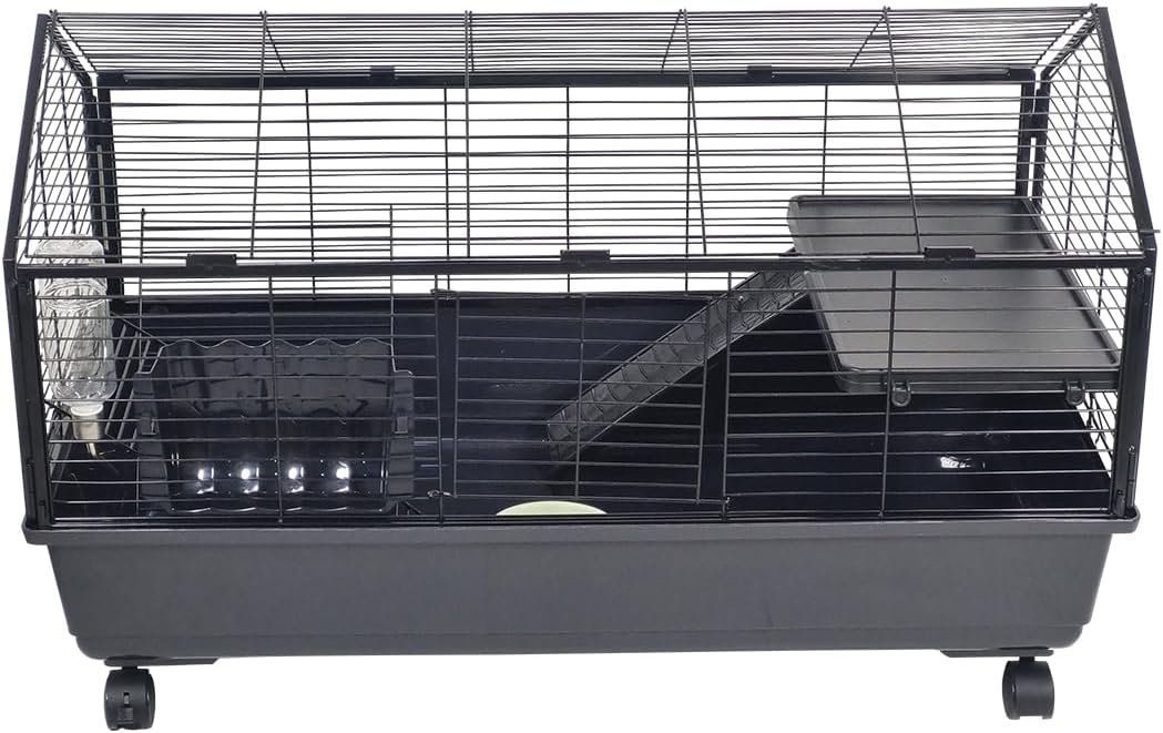 Rabbit cage with Water feeder, Feeding bowls, Climbing ladder, Leak-proof plastic, and Universal wheels, Detachable pet cage for indoor/outdoor use, Ideal for small pets 99 cm (Black)