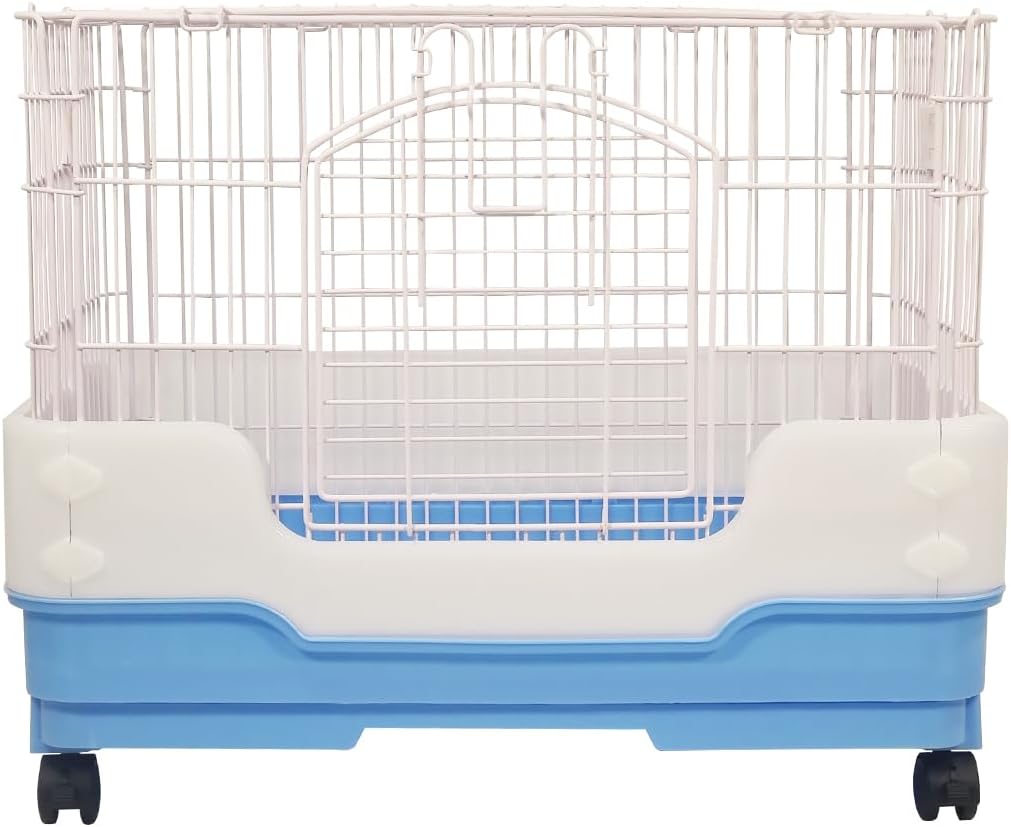 Rabbit cage with Metal wire construction, Secure door lock, Removable tray, and Universal wheels, Durable pet cage for Rabbits and Hamsters, Ideal for indoor/outdoor, Easy to clean 64 cm (Blue)