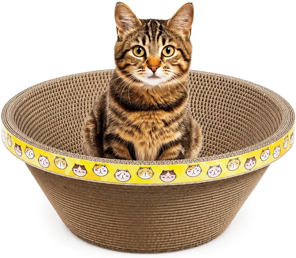 Oval Cardboard Cat Scratcher Bed, Wide Corrugated Scratching Bowl & Cozy Cat Lounger for Indoor Cats, Deep Resting Design with Decorative Yellow Cat Print for Scratching, Stretching & Napping, 45 cm