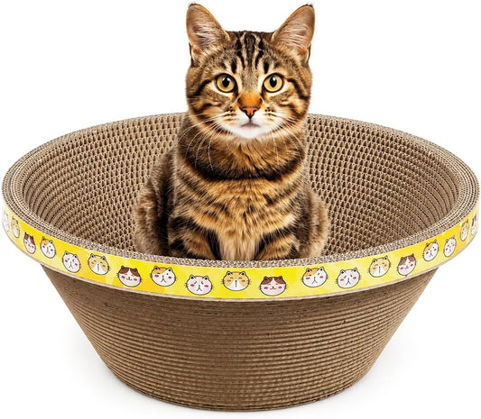 Oval Cardboard Cat Scratcher Bed, Wide Corrugated Scratching Bowl & Cozy Cat Lounger for Indoor Cats, Deep Resting Design with Decorative Yellow Cat Print for Scratching, Stretching & Napping, 45 cm