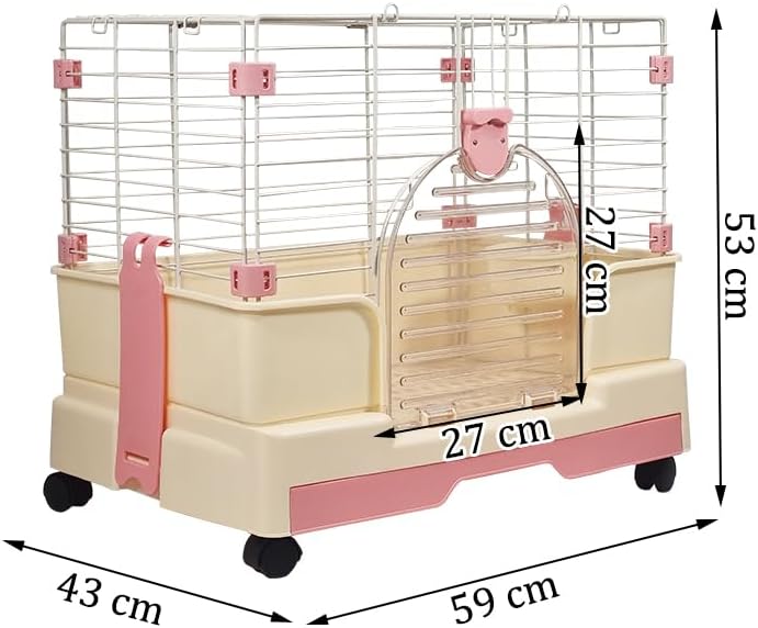 Rabbit cage for indoor/outdoor use, Durable metal wire rabbit cage with Transparent door, Food bowl, Removable tray, and Universal wheels, Ideal for small pet, Easy assembly 59 cm (Pink)