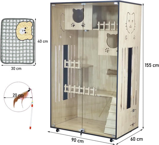 Wooden cat house, Multi-functional closed cat villa with Transparent glass doors, Cat condos, LED light, Scratching post, Stairs, and Universal wheels, Ideal for indoor cats 155 cm (Beige)