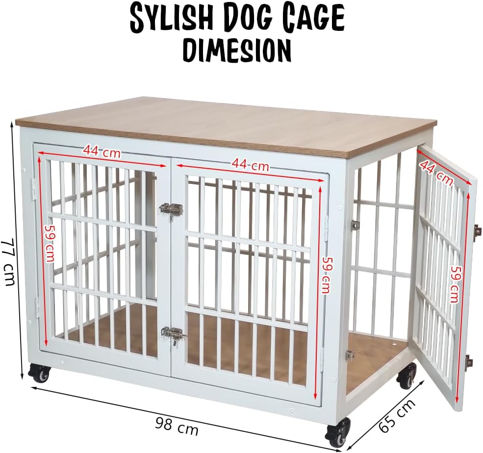 Dog cage with Metal frame, Table Top, Lockable Doors and Wheels, 98 cm Pet Kennel for Medium to Large Dogs, Air Ventilation, and Indoor-Outdoor use, Dog Crate Furniture for Multiple puppies (White)