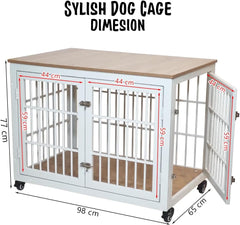 Dog cage with Metal frame, Table Top, Lockable Doors and Wheels, 98 cm Pet Kennel for Medium to Large Dogs, Air Ventilation, and Indoor-Outdoor use, Dog Crate Furniture for Multiple puppies (White)